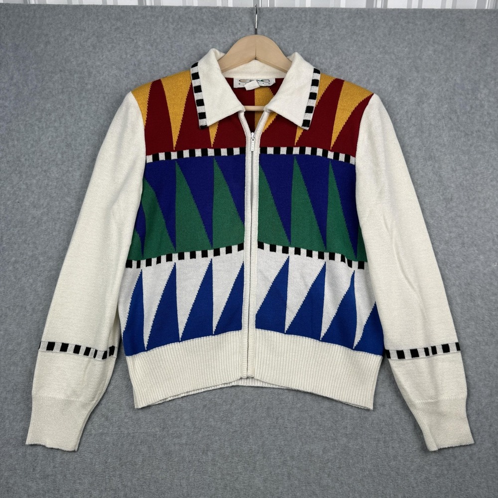 Eric Steven Zip Up Cardigan Womens XL Multicolor Geometric Vintage Made in USA